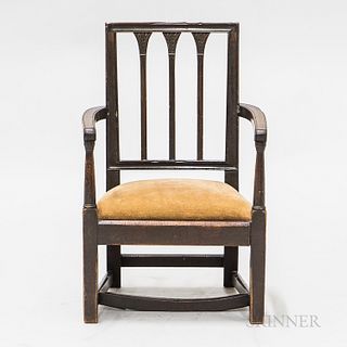 Mahogany Carved Child's Square-back Armchair, 19th century, with molded back, three carved spindles, trapezoidal slip seat, and concave