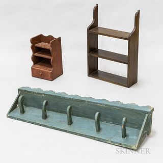 Three Carved and Painted Wood Hanging Shelves and Racks, ht. to 26, lg. to 44 in.