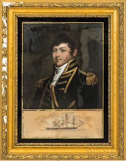 Framed Oil on Board Portrait of Isaac Hull After Gilbert Stuart, with eglomise border and engraved vignette, ht. 28, wd. 22 in.