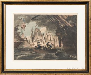 Framed William Smith Hand-colored Engraving of a War of 1812 Naval Battle Scene, ht. 31, wd. 37 in.
