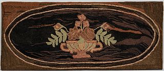 Two Floral Hooked Rugs, America, late 19th century, one with a pot of roses within a geometric and leaf border, the other with an urn o