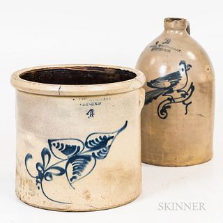 Two Cobalt-decorated Stoneware Vessels, Keene, New Hampshire, 19th century, a four-gallon crock and a Taft & Co. two-gallon jug, (imper