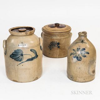 Three Cobalt-decorated Stoneware Items, a Somerset Potters Works jug and covered crock and an "N. Clark" two-gallon jar, (imperfections