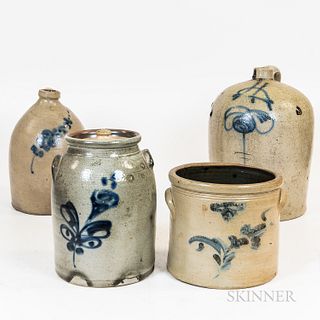 Four Cobalt-decorated Stoneware Items, a "St. Johns" crock and an unmarked two-gallon churn and two jugs, (imperfections), ht. to 16 in