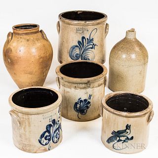 Six Mostly Cobalt-decorated Stoneware Vessels, F.B. Norton of Worcester one and a half-gallon and four-gallon crocks, a Norton of Benni