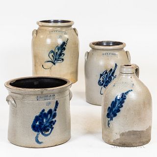 Four Cobalt-decorated Norton/Bennington Stoneware Items, two two-gallon jars, a two-gallon crock, and a jug, (imperfections), ht. to 11