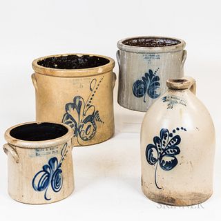 Three Norton/Worcester Cobalt-decorated Stoneware Crocks and a Jug, (imperfections), ht. to 14 in.