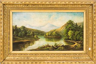 American School, 19th Century  River Scene with Mountains. Unsigned. Oil on canvas, 9 1/2 x 17 1/2 in., framed.