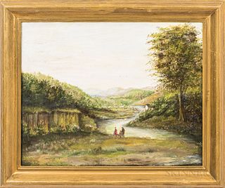 American School, 19th Century  Landscape River Scene with a Family. Unsigned. Oil on canvas, 15 1/2 x 19 1/2 in., framed.