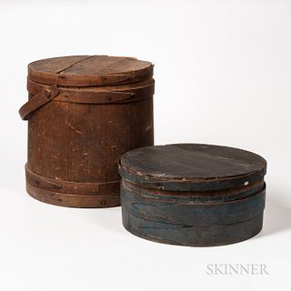 Firkin and a Blue-painted Covered Circular Box, (imperfections, damage), ht. to 14 1/2 in.