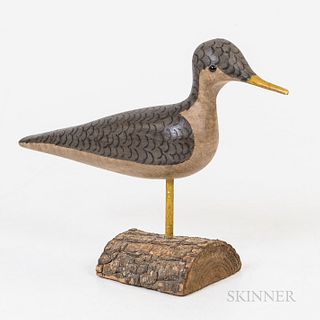 Carved and Painted Shorebird, with a natural wooden base, signed "Perkins" on the underside, ht. 7 3/4 in.