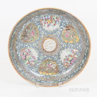 Rose Medallion Charger, decorated in shades of blue and green with figural medallions, curved sides, (repairs), dia. 14 in.