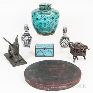 Ten Asian Decorative Items, including a bronze winged lion, a bronzed metal censer, an enameled copper box, four pottery vases, two umb