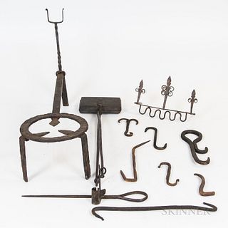 Group of Wrought Iron Items, a stand, seven hooks, a utensil rack, and a sticking Tommy.