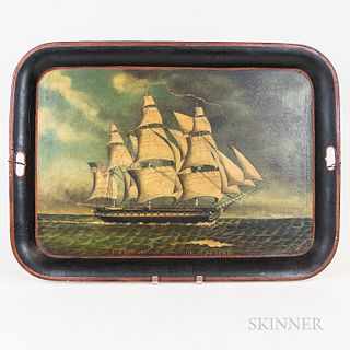 "U.S. Frigate Constitution" Painted-decorated Tin Tray, inscribed "Chas Newton 1814" l.r., wd. 22 1/4, lg. 30 3/4 in.
