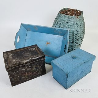 Small Group of Decorative Items, a blue-painted woven splint basket, a blue-painted tray and box, and a stenciled tole "Cake" box.