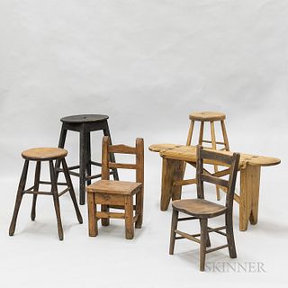 Three Turned Wood Stools, Two Child's Chairs, and a Bench.