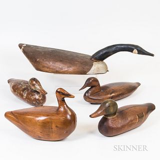 Five Carved Decoys, four ducks and one painted Canada goose, one with glass eyes, (imperfections, damage), lg. to 31 in.
