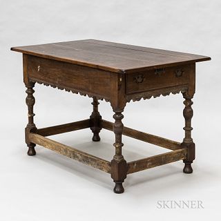 Jacobean-style Walnut Stretcher-base Table, ht. 29 1/2, wd. 47 1/2, dp. 28 in.