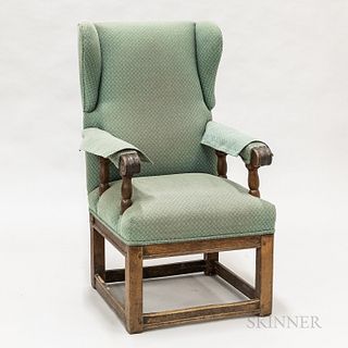 Provincial Jacobean-style Upholstered Walnut Wing Chair, ht. 46 in.