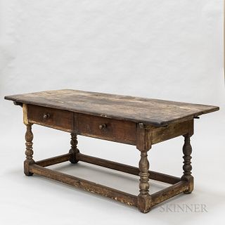 Early Turned Walnut and Oak Stretcher-base Two-drawer Tavern Table, Pennsylvania, early 18th century, (imperfections), ht. 28 1/2, wd.