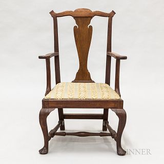 Queen Anne-style Walnut Armchair, (restoration), ht. 40 1/2, wd. 26, dp. 22 in.