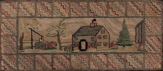 House and Well Hooked Rug, America, late 19th century, the scene within a block border with wavy stripe pattern, mounted for hanging, l