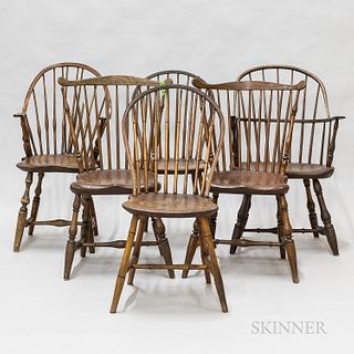 Six Windsor Chairs, two bow-back, two fan-back, a continuous arm, and a sack-back, (imperfections).