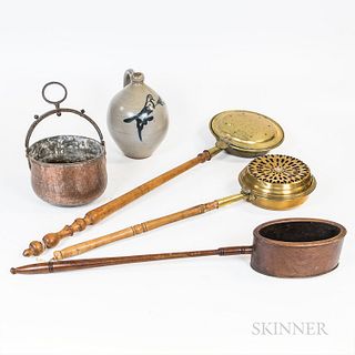 Small Group of Mostly Metal and Wood Domestic Items, including a copper teakettle and two pots, a cranberry scoop, and a cobalt-decorat