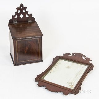 Small Chippendale-style Mahogany Scroll-frame Mirror and Inlaid Box, ht. to 18, wd. to 11 in.