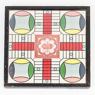 Three Game Boards, including Parcheesi, under glass, dated "1918"; a homemade Chinese checkers; and a wooden checkerboard.