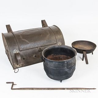 Tin Roasting Oven, Cast Iron Pan, and a Pot.