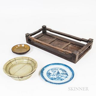 Small Group of Mostly Chinese Decorative Items, including a pair of blue and white dragon-decorated porcelain plates, a hardwood low ta