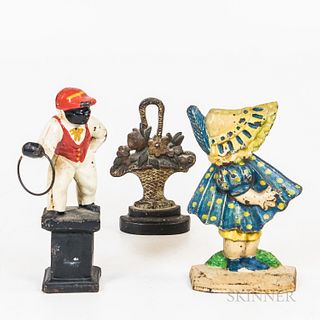 Three Painted Cast Iron Doorstops, America, late 19th/early 20th century, a basket of flowers, a little girl, and a hitching post, ht.