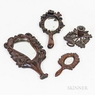 Three Carved Hand Mirrors, a Carved Chamberstick, and a Cigar Box, America, late 19th/early 20th century, the mirrors and chamberstick