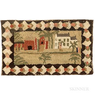 Yarn-sewn Mat with House and Barn, America, 19th century, white house and red barn with trees within a stylized floral and diamond bord