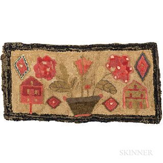 Hooked Rug with Houses and Potted Flower, America, 19th century, the large central pot of flowers flanked by a pair of houses on a beig