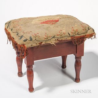 Red-painted Upholstered Stool, America, 19th century, the cushion with embroidered floral design, red-painted frame with turned legs, h