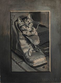American School, 20th Century  Kitten in a Boot.  Signed "LS" l.r.  Oil on panel, 19 1/4 x 14 1/8 in., unframed.  Conditio...