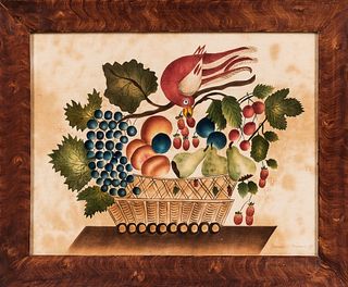 Modern Watercolor on Velvet Theorem with a Bird and Basket of Fruit, Harriet S. Rawson, late 20th century, signed and dated "87" l.r.,