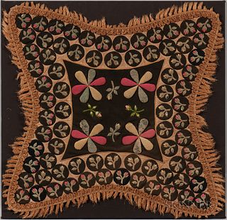 Floral Applique Mat, 19th century, the center with four large stuffed flowers and four small flowers all within a repeating floral bord