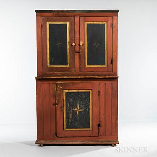 Paint-decorated Harmonist or Harmonite Cupboard, Pennsylvania, c. 1825, with molded cornice above an upper section with two paneled cup