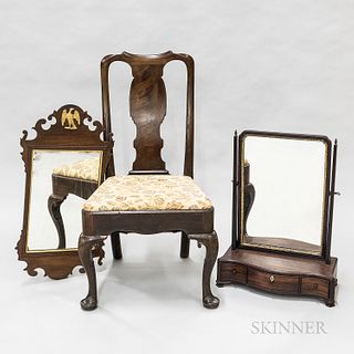Three Pieces of Georgian Mahogany Furniture, a side chair, parcel-gilt shaving mirror, and a scroll-frame mirror.