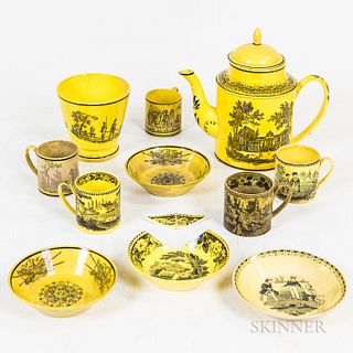 Group of Canary Creil Transfer-decorated Tableware, (imperfections), ht. to 8 in.