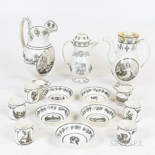 Fourteen Creil Transfer-decorated Teaware Items, ht. to 11 1/2 in.