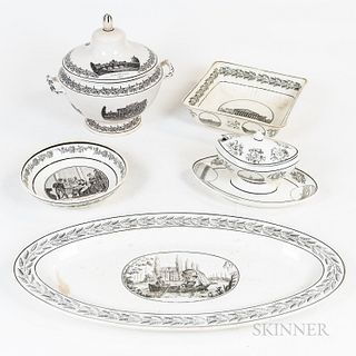 Creil Transfer-decorated Tureen, Sauceboat, and Three Serving Dishes.
