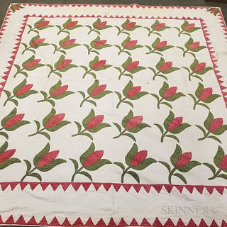 Appliqued Cotton Tulip Quilt and a Patchwork Quilt, patchwork, 86 x 89, the tulip, signed "Ann Sharper/Eveshire/1850," 98 x 100 in.
