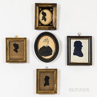 Four Hollow-cut Silhouettes and a Miniature Portrait of a Woman in Black, America, 19th century, framed ht. to 7 1/2 in.