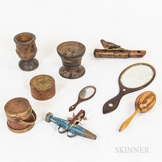 Eighteen Wood and Tin Household Items, America, 19th century, including a small staved pail, tin pail, small tin pitcher, two hand mirr