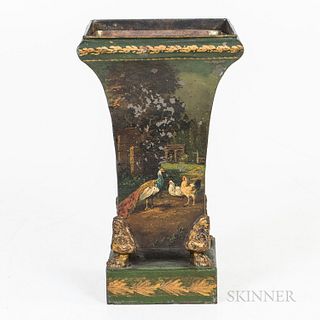 Tole Urn Decorated with a Genre Scene, ht. 12, wd. 7 1/4, dp. 7 1/4 in.